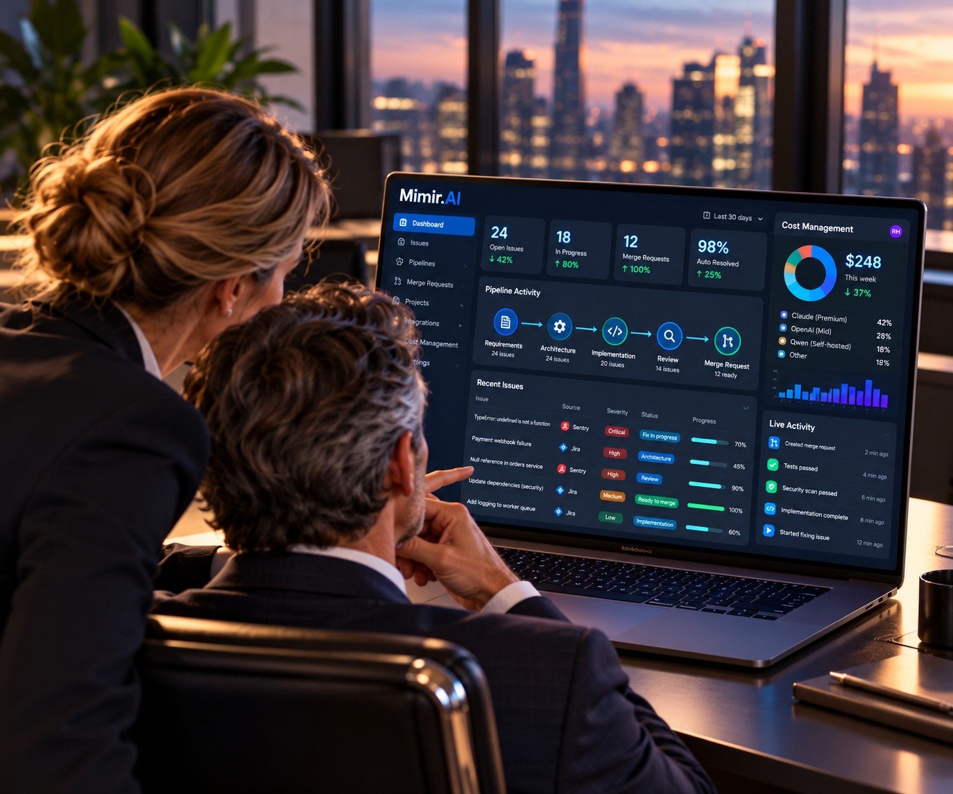 A CIO and a colleague reviewing proposed fixes on the Mimir.AI dashboard in an office at dusk