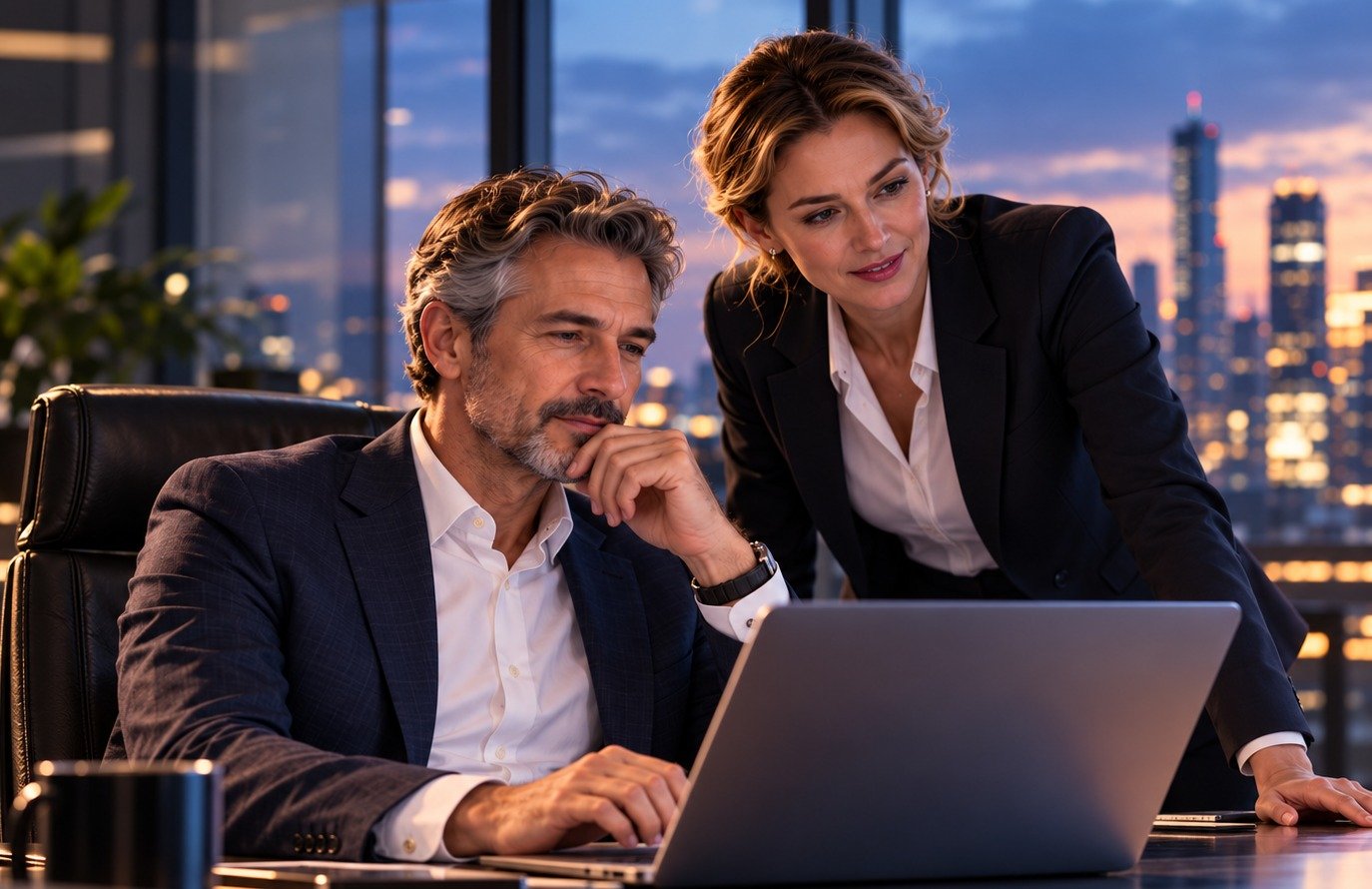 Two executives reviewing work on a laptop in an office at dusk